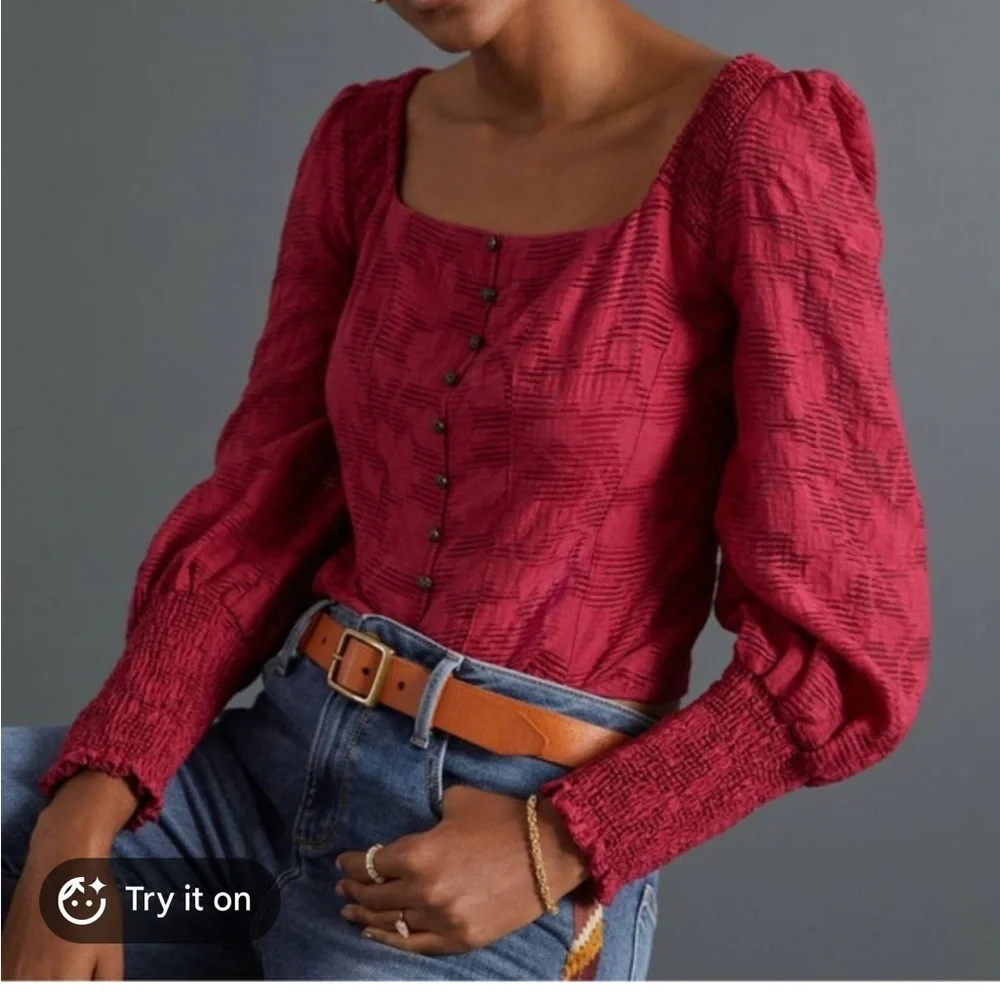 Anthropologie Pink Floral Ruffle Blouse Smocked Puff Sleeve Sz XS Cottagecore